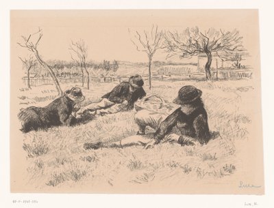 Drie mannen rusten uit in een wei door Maximilien Luce (signed by artist)