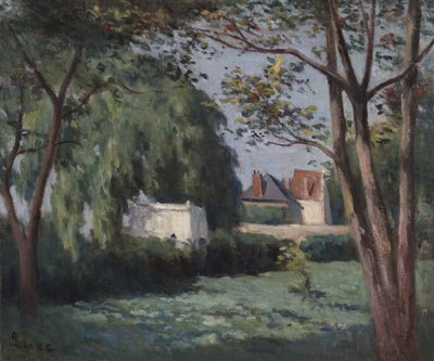 Plattelandstafereel met Drie Huizen en Bomen door Maximilien Luce