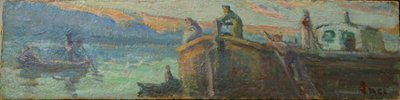 Rivierlandschap met praam en boten door Maximilien Luce