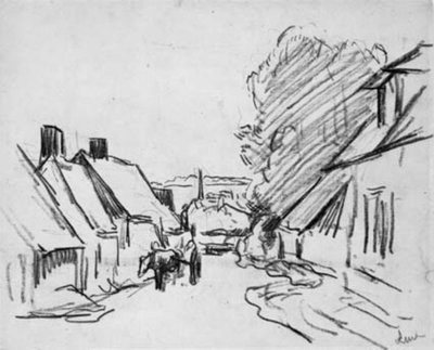 Dorpsstraat met paard en wagen. Éragny-sur-Epte (?) door Maximilien Luce
