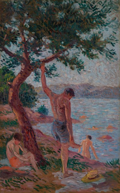 Saint-Tropez, baders onder de pijnbomen door Maximilien Luce