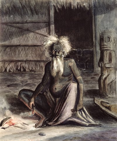 Oude man van Tahiti zittend bij een Tiki, ca. 1841-48 door Maximilien Radiguet