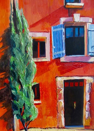 Rood huis met blauwe luiken door Maxine Shore