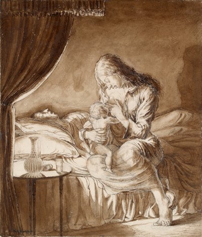 Nacht Scène-Vrouw die haar Kind Voedt, ca. 1900s door Maxwell Gordon Lightfoot