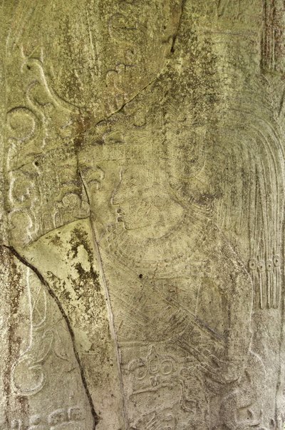 Detail (Stela 9) Ajb’alun Haab’tal Wat’ul K’atel tonend, Terminal Classic Koning van Ceibal, Guatemala, ter herdenking van het einde van de 9e katun in AD. 849 door Mayan