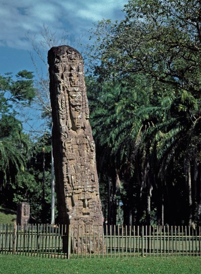 Detail van de stele F op het grote plein door Mayan