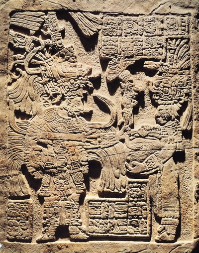 Stèle met een hogepriester en een vrouw, uit Yaxchilan door Mayan