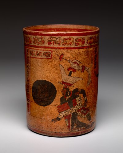 Cilindrisch vat met balspel scène, Late Klassieke periode, ca.682-701 door Mayan Mayan