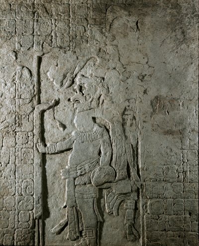 Maya-kunst: paneel nr. 1 van de Maya-site van El Cayo (tussen 600 en 800) met een personage omringd door inscripties in hiërogliefen in verwijzing naar astronomische berekeningen. Privécollectie door Mayan Mayan