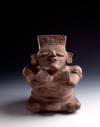 Precolumbiaanse kunst, Maya-beschaving, klassieke periode: antropomorfe kleivaas die een zittend personage uitbeeldt, benen en armen kruisen het gezicht omhoog door Mayan Mayan