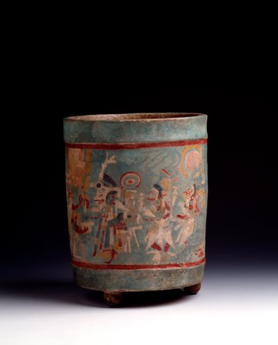 Precolumbiaanse kunst, Maya-beschaving, klassieke periode: cilindrische vaas in polychrome klei versierd met een ceremoniële scène met personages in processie door Mayan Mayan