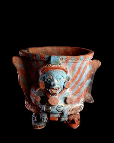 Precolumbiaanse kunst, Maya-beschaving, postklassieke periode: driepootvaas met klei wierook versierd met een hoofd door Mayan Mayan