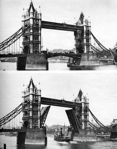 Tower Bridge open en gesloten, Londen, 1926-1927 door McLeish