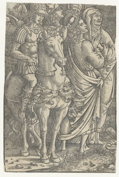 Fragment van een Kruisiging met Johannes de Evangelist en Maria en soldaten door Meester IB met de vogel