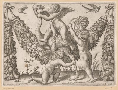 Drie putti en een struisvogel (Tapisserieën van de paus) door Meester van de Dobbelsteen