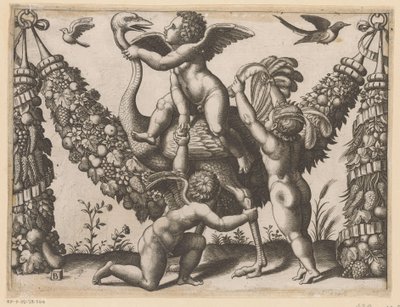 Drie putti en een struisvogel (Tapisserieën van de paus) door Meester van de Dobbelsteen