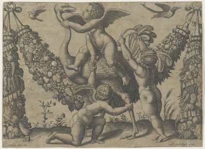 Drie putti met een struisvogel. Wandtapijten van de paus door Rafaël door Meester van de Dobbelsteen