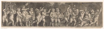 Fries met optocht van putti door Meester van de Dobbelsteen