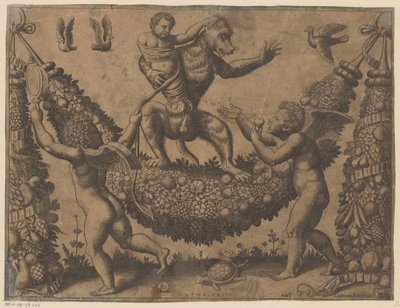 Putti een aap bespottend door Meester van de Dobbelsteen