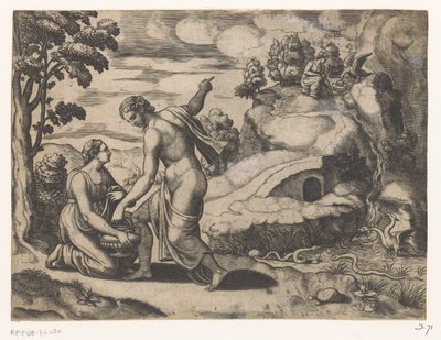 Venus stuurt Psyche naar een bron bewaakt door draken door Meester van de Dobbelsteen