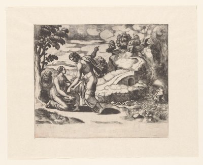 Venus stuurt Psyche naar een bron bewaakt door draken door Meester van de Dobbelsteen