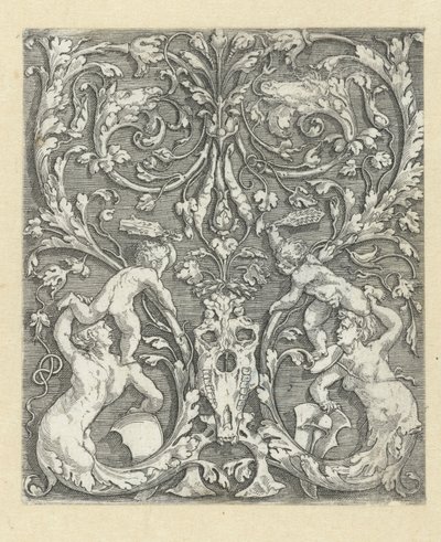 Ornament met twee kinderen en een paardenschedel door Meester van de Paardenhoofden