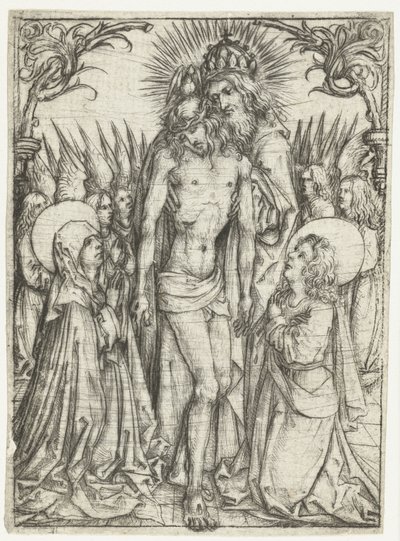 Aanbidding van de Heilige Drie-eenheid door Maria, Johannes de Evangelist en engelen door Meester van het Amsterdamse Kabinet