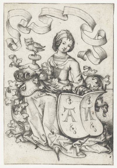Dame met uil en wapenschild met de letters AN door Meester van het Amsterdamse Kabinet