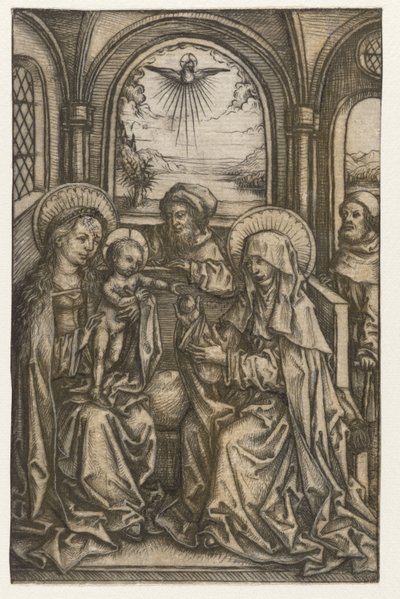 De Heilige Familie in een gewelfde ruimte door Meester van het Amsterdamse Kabinet