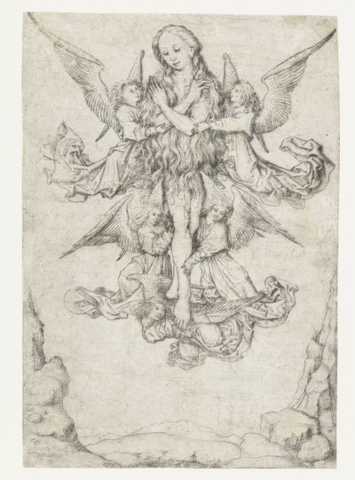 De elevatie van de H. Maria Magdalena met vijf engelen door Meester van het Amsterdamse Kabinet