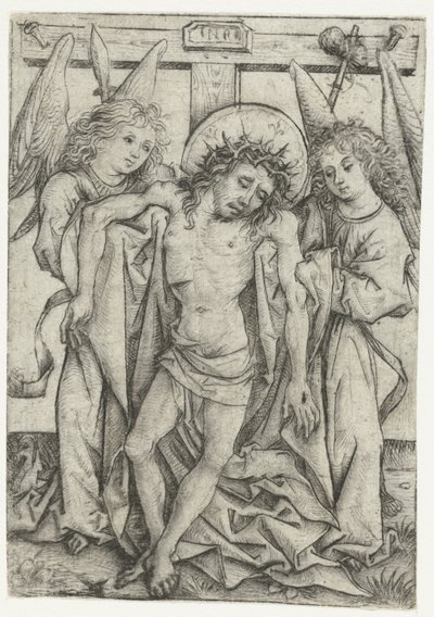 Het lichaam van Christus ondersteund door twee engelen door Meester van het Amsterdamse Kabinet