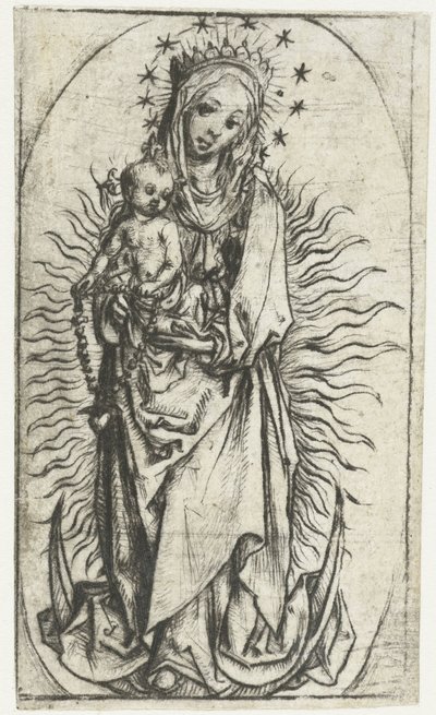 Madonna met sterrenkroon en rozenkrans op de maansikkel door Meester van het Amsterdamse Kabinet