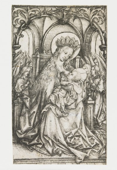 Tronende Madonna door engelen aanbeden door Meester van het Amsterdamse Kabinet