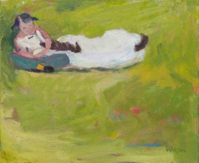 Een jong kind naast een dode pony, 2016 (olieverf op doek) door Megan Williamson