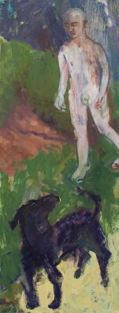Blanke man die een zwarte hond uitliet, 2016 (olieverf op doek) door Megan Williamson