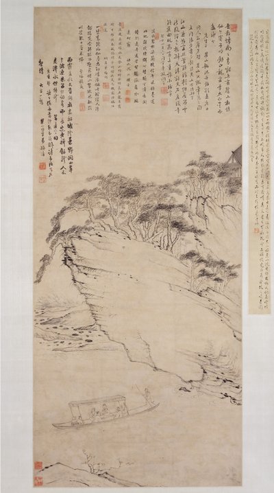 Boottocht op een Rivier Onder een Klif, dateerbaar tot 1673 door Mei Qing