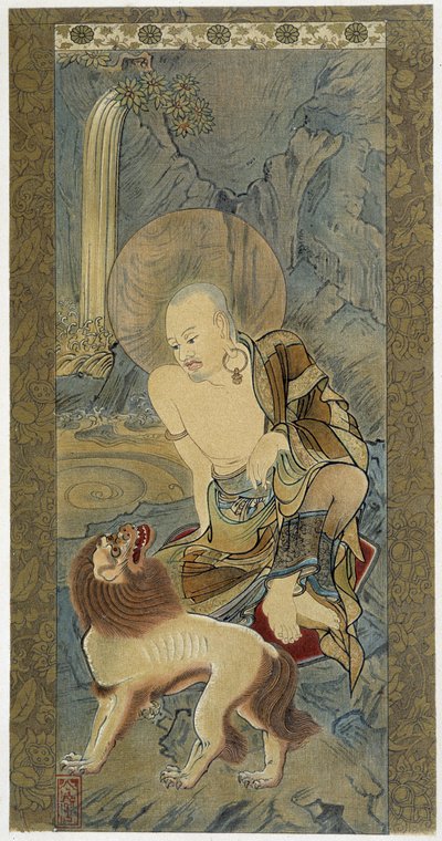 De man met de leeuw. Schilderij op zijde door Meicho (1427-1532) door Meicho