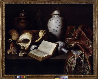 Chinese vazen, schelpen, antieke bronzen, boeken en tapijten door Meiffren (c.1630 1705) Conte