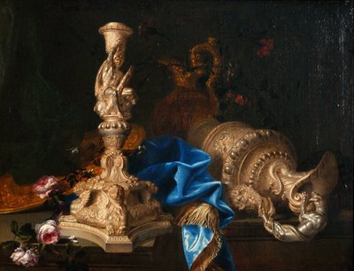 Stilleven met kandelaar van de werken van Hercules en twee kruiken door Meiffren Conte