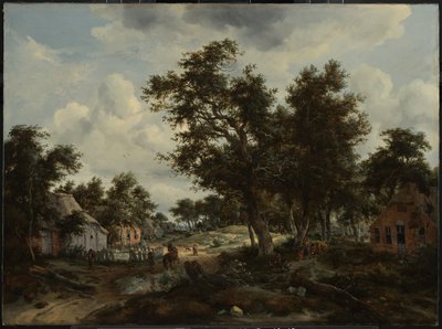 Een bebost landschap met reizigers op een pad door een gehucht door Meindert Hobbema