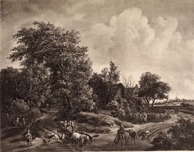Boerderij aan de rand van een bos, met een wagen en paarden door Meindert Hobbema