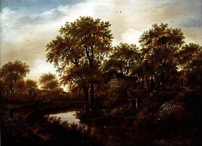 Rivierlandschap met huisjes en boer door Meindert Hobbema