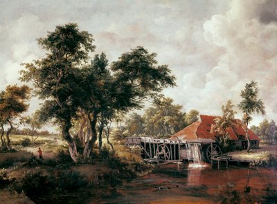 Watermolen met groot rood dak. door Meindert Hobbema