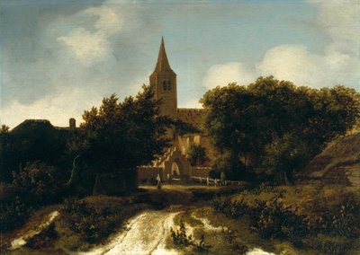 Boslandschap met figuren bij een kerk, c.1660 door Meindert Hobbema