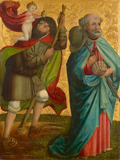 Linkervleugel van het zogenaamde Pretschlaipfer-drieluik: Heiligen Christophorus en Jakobus Major (binnenzijde); Aankondiging aan Maria (buitenzijde) door Meister von Großgmain (Werkstatt)