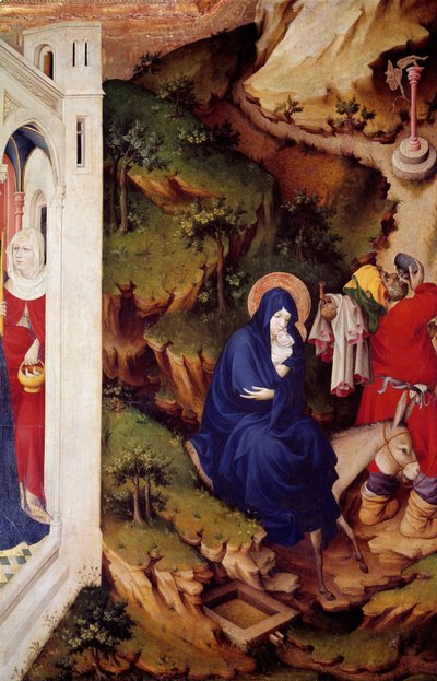 De vlucht naar Egypte (detail) van het rechtergedeelte van het altaarstuk van de Chartreuse van Champmol. Houtsnijwerk door Melchior Broederlam (tussen 1381 en 1409) 1393-1399. Dijon, museum voor Schone Kunsten door Melchior Broederlam