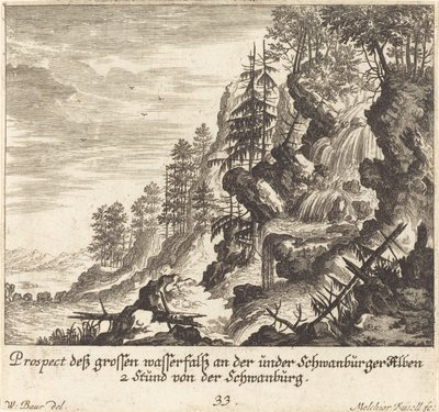 Grote Waterval, Schwanburg door Melchior Küsel after Johann Wilhelm Baur
