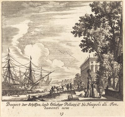 Schepen, Fondamenti Novi, Napels door Melchior Küsel after Johann Wilhelm Baur