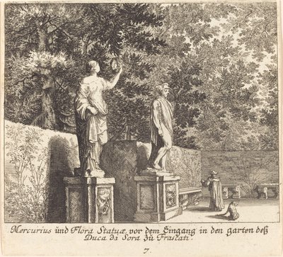 Beelden van Mercurius en Flora, tuinen van Dukedi Sora, Frascati door Melchior Küsel after Johann Wilhelm Baur