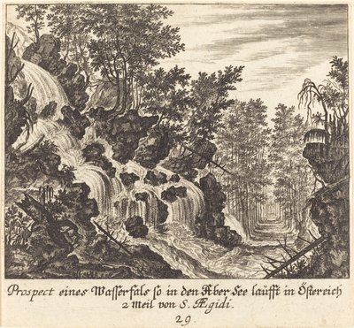 Uitzicht op een waterval, Oostenrijk door Melchior Küsel after Johann Wilhelm Baur